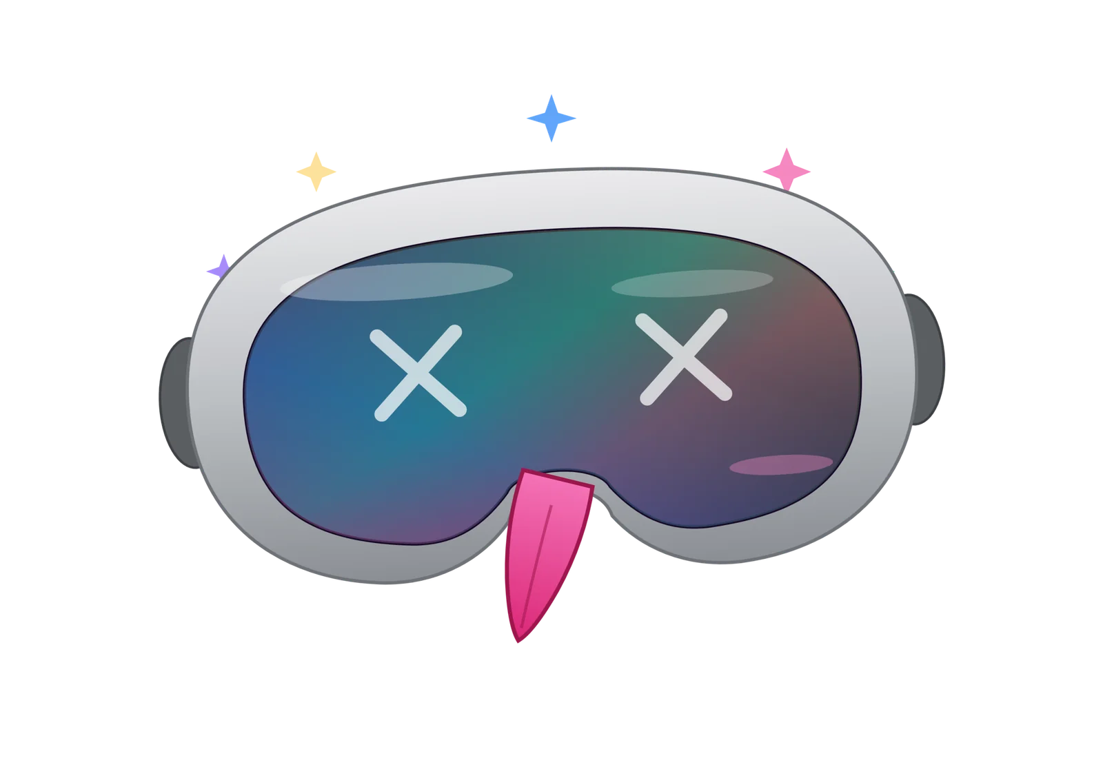 Stylized illustration of an Apple Vision Pro headset with X-marks for eyes and a pink tongue sticking out — playing on press coverage that keeps declaring the platform dead.