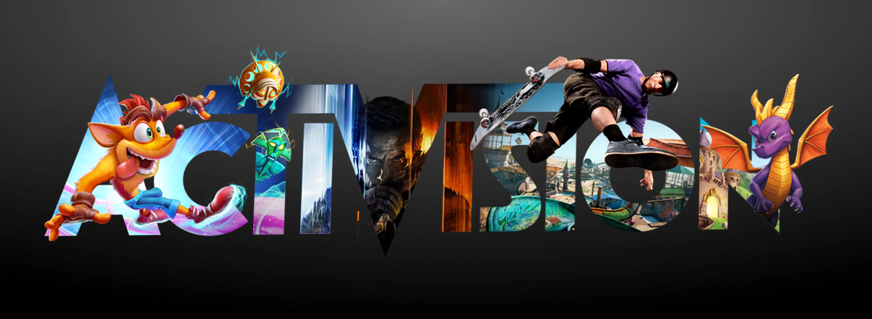 The Activision wordmark filled with images of its franchise characters and gameplay — Crash Bandicoot, Tony Hawk, Spyro, and others.