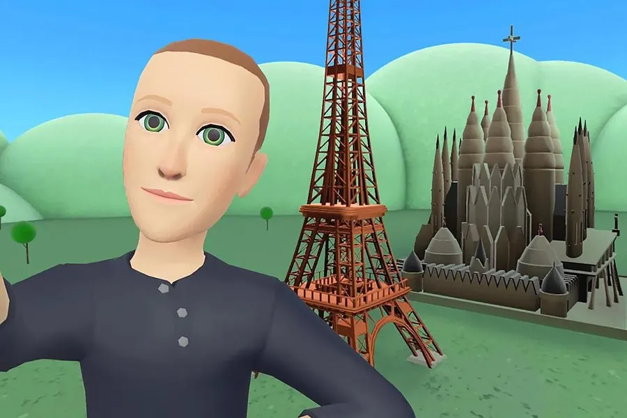 A low-polygon, blank-eyed cartoon avatar of Mark Zuckerberg in Horizon Worlds, standing in front of an extremely crude rendering of the Eiffel Tower and the Sagrada Familia.