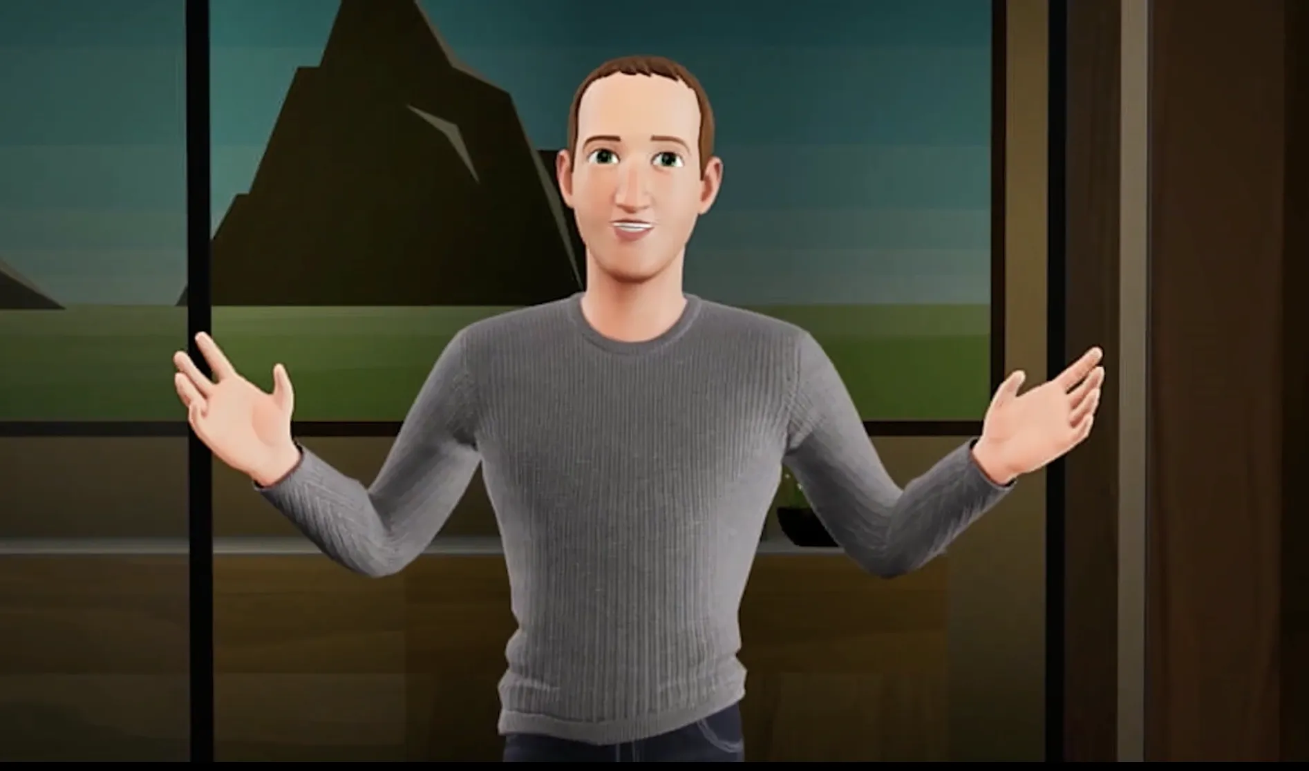 A polished cartoon avatar of Mark Zuckerberg in a grey sweater, arms outstretched in a 'presenting' gesture in front of a stylized window.
